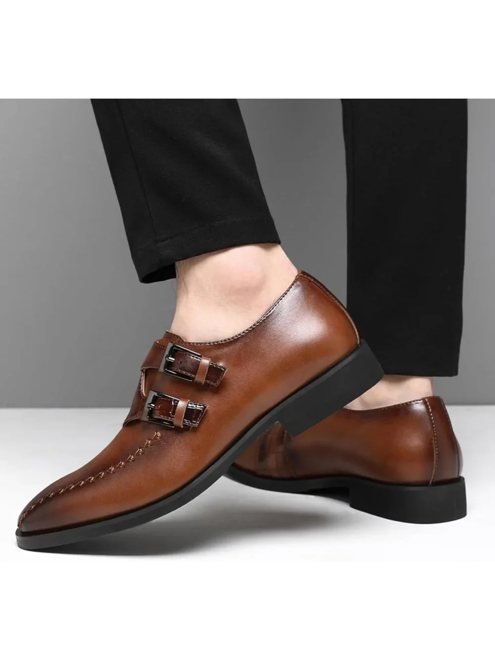Men Cognac Leather Double Monk Strap Formal Business Brogue Punched Oxford Shoes